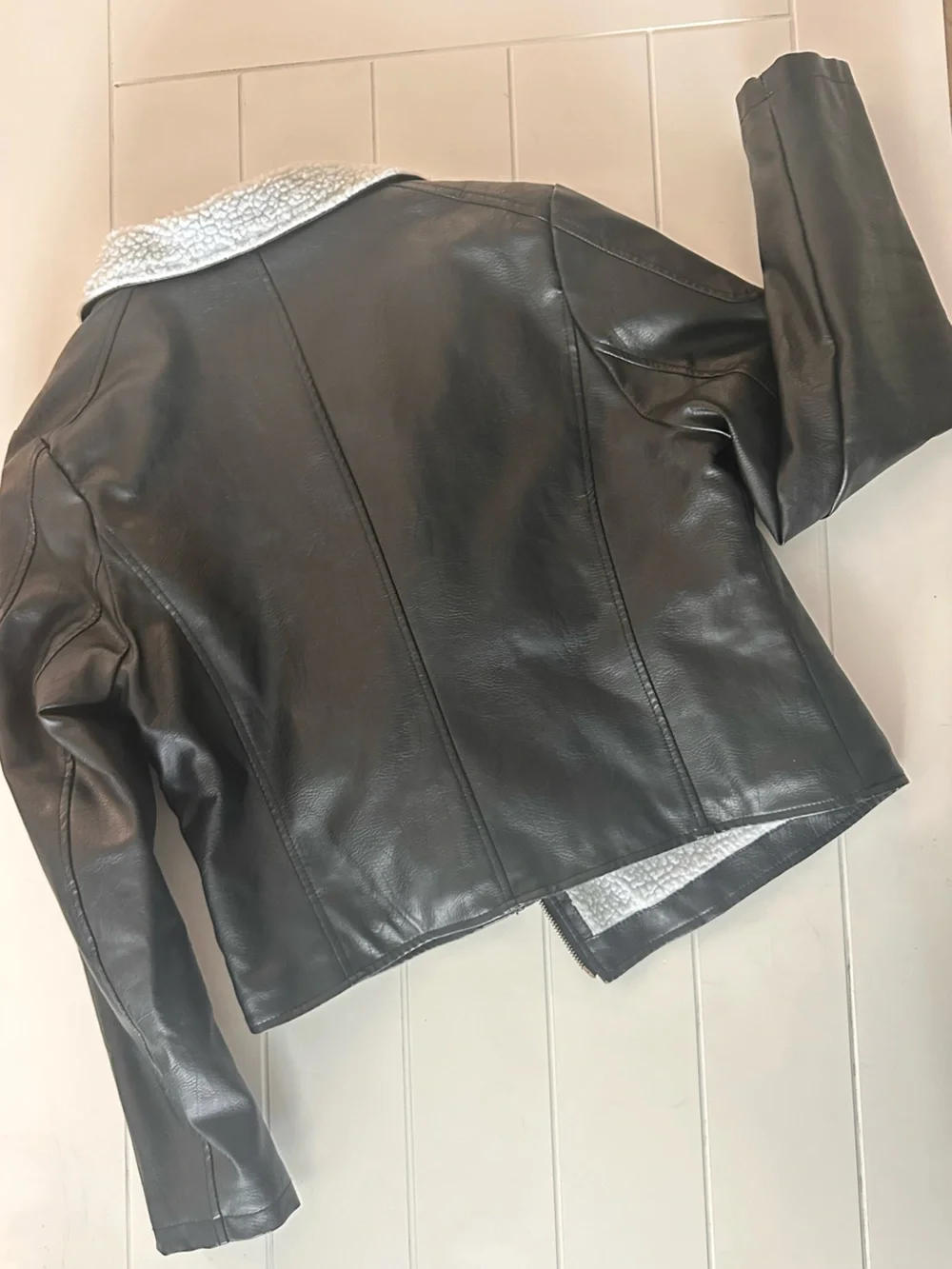 Black Faux Leather Moto Jacket with White Sherpa Collar
